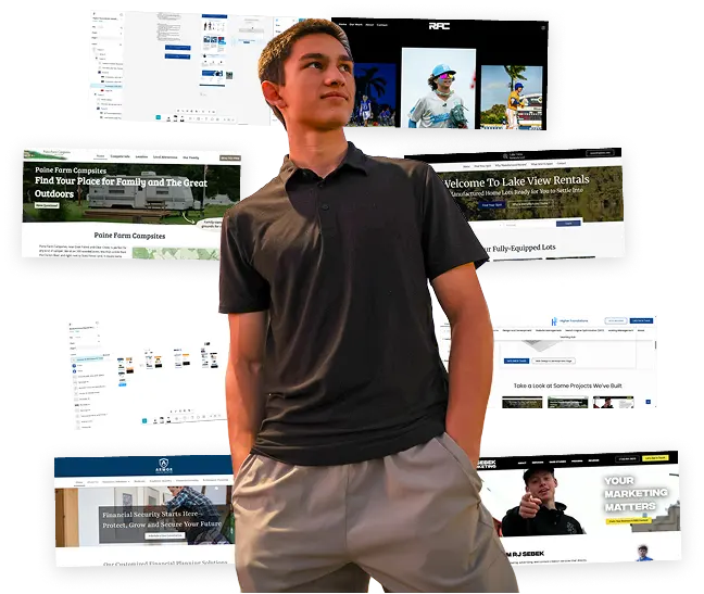 Higher Foundations Hero RJ Bushnell Standing with Site Examples | Custom Website Services